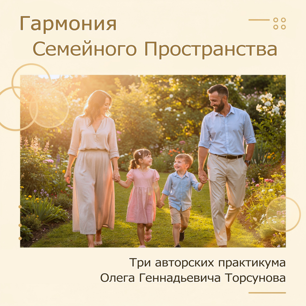 Обложка комплекса практикумов Олега Торсунова «Гармония Семейного Пространства» с изображением счастливой семьи на светлом фоне
