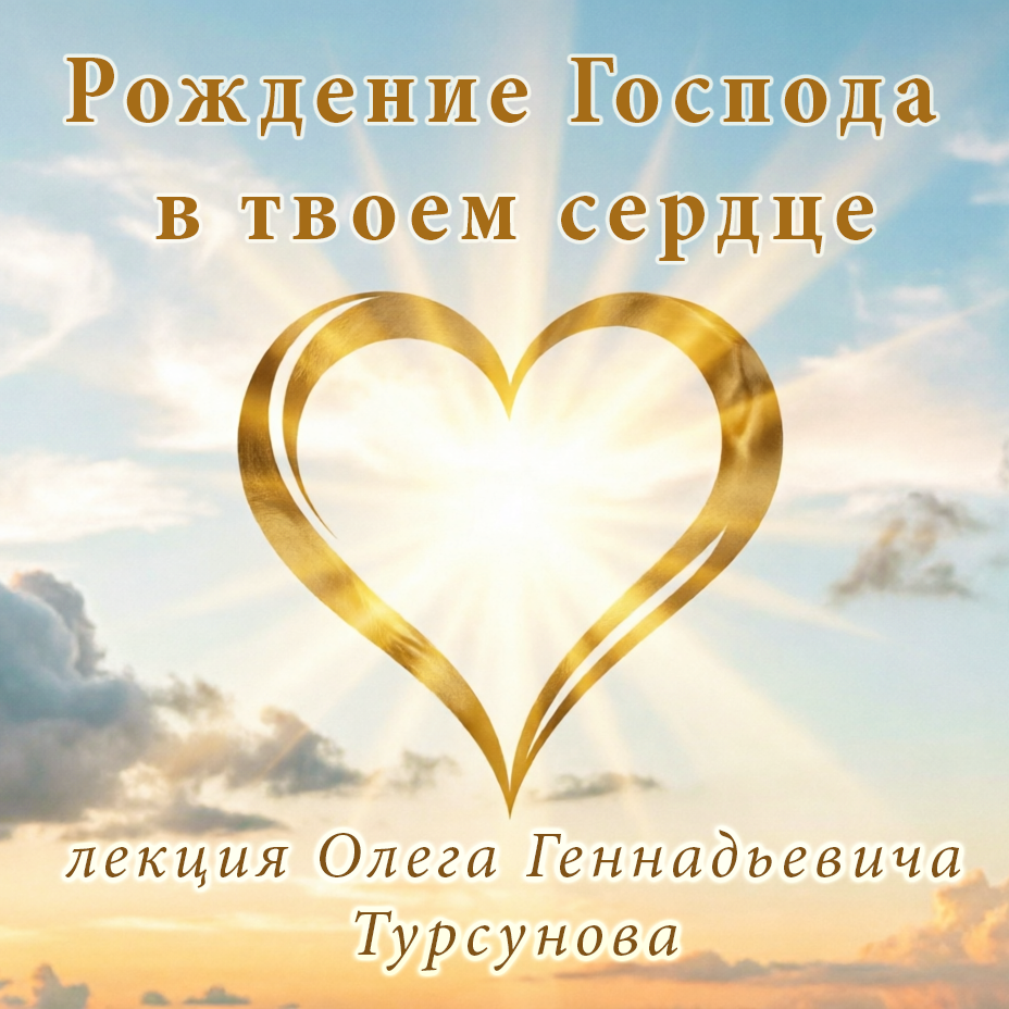 Золотое сердце с божественными лучами света на фоне неба — символ духовного пробуждения и рождения Господа в сердце. Лекция Олега Турсунова